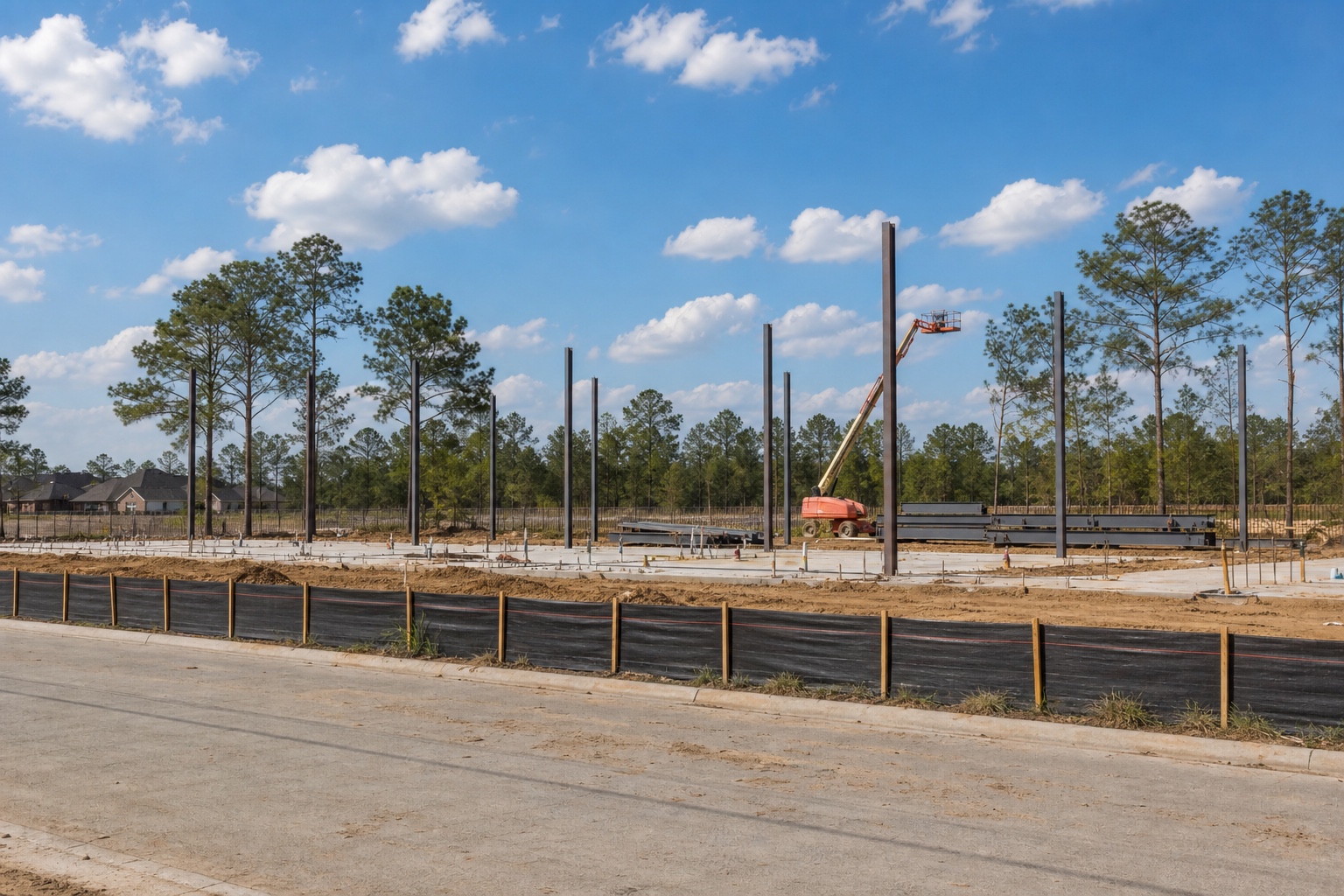 Raw land with the first structural steel columns rising on site